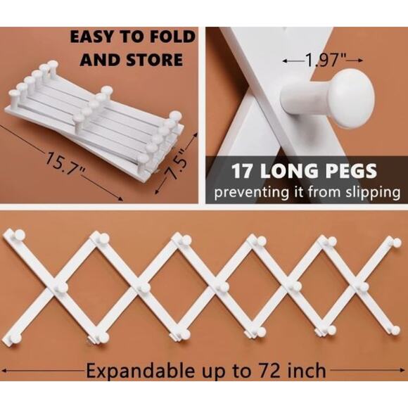 White Wood Accordion Farmhouse Style 17 Peg Expanding Cap Hat Wall Rack Cottage - Picture 9 of 9